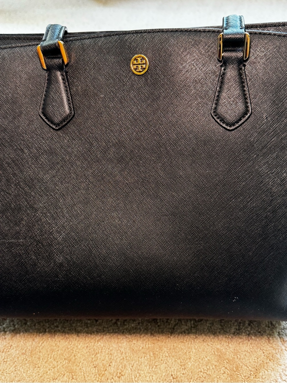 Tory Burch Black Leather Saffiano Tote with Gold Accents - Picture 2 of 12